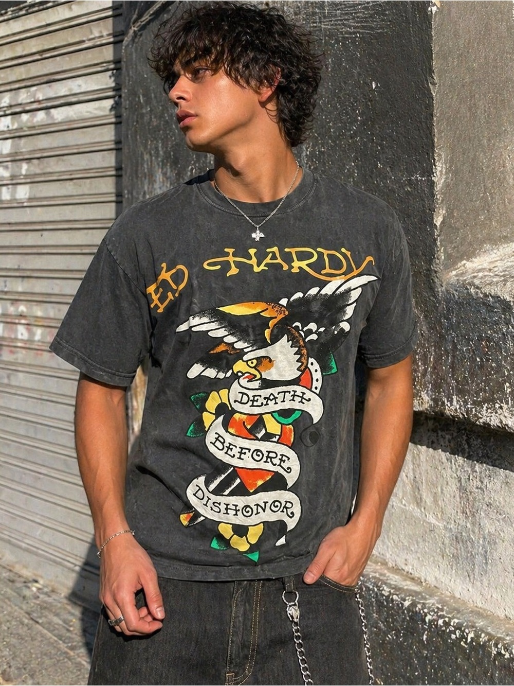 Ed Hardy Death Before Dishonor Tee Charcoal Y2K NWT Sz L
